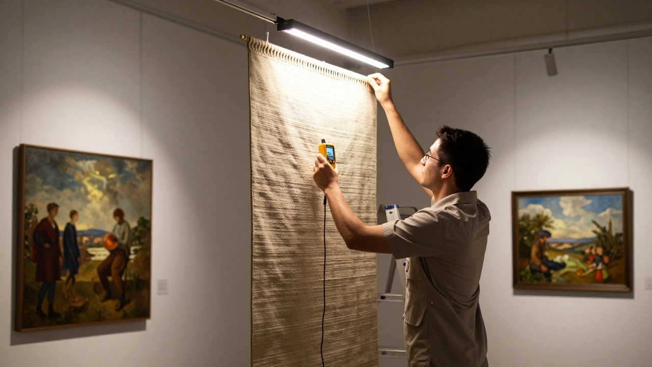 A technician adjusting gallery lighting on a tapestry using a lux meter, ensuring optimal 120 lux exposure.