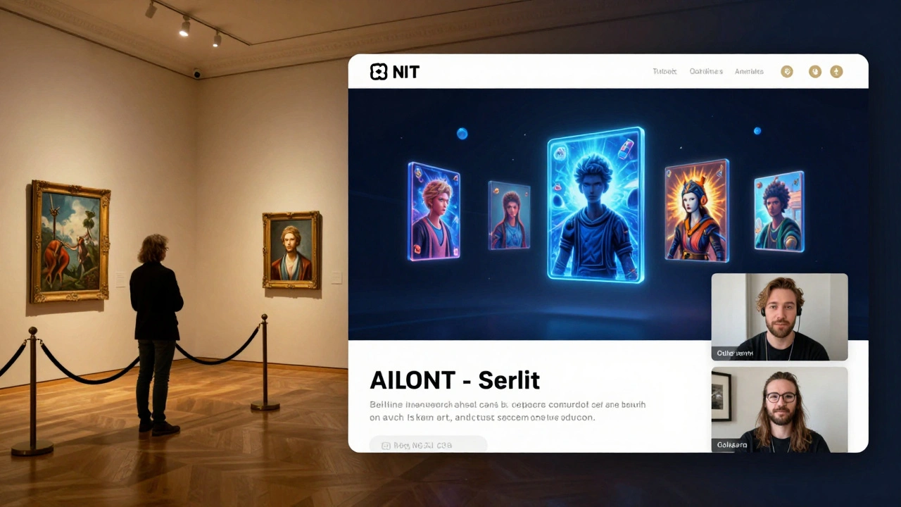 A traditional gallery contrasts with a dynamic online art platform showing NFTs and live artist-collector interactions.