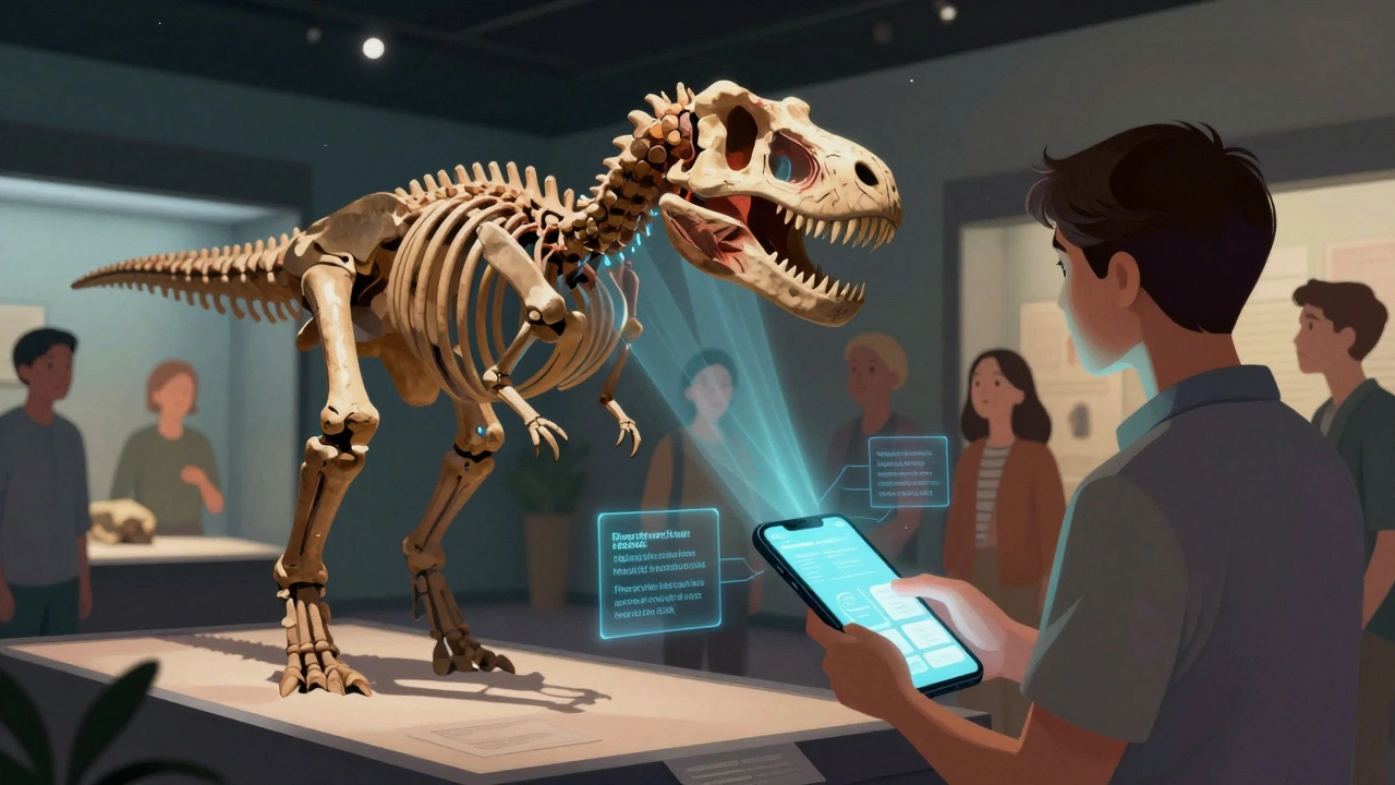 A user interacts with a 3D T. rex skeleton, seeing internal muscles illuminated as haptic feedback vibrates their mobile device.