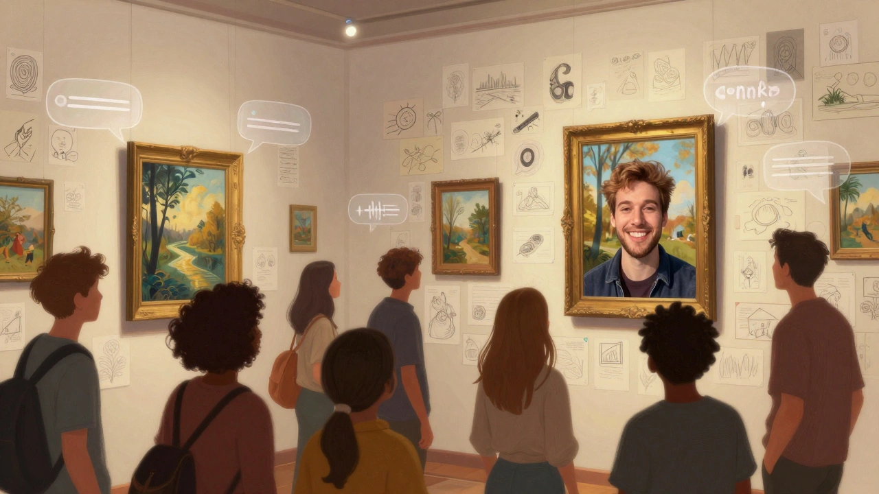 A virtual exhibition wall covered in hand-drawn sketches and floating voice notes, with users' reaction clips appearing beside artworks.