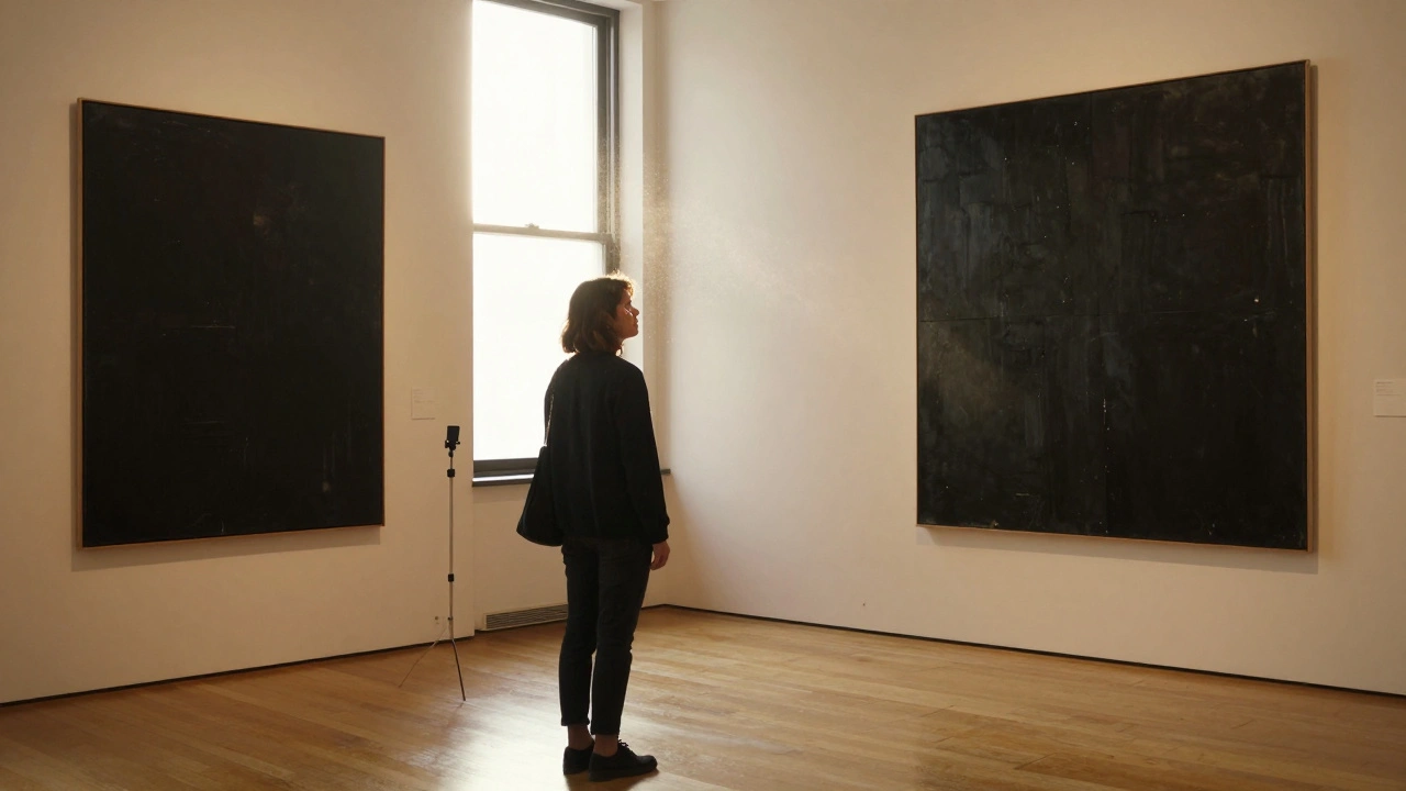 A visitor quietly crying in front of a large black abstract painting, sunlight streaming through a window