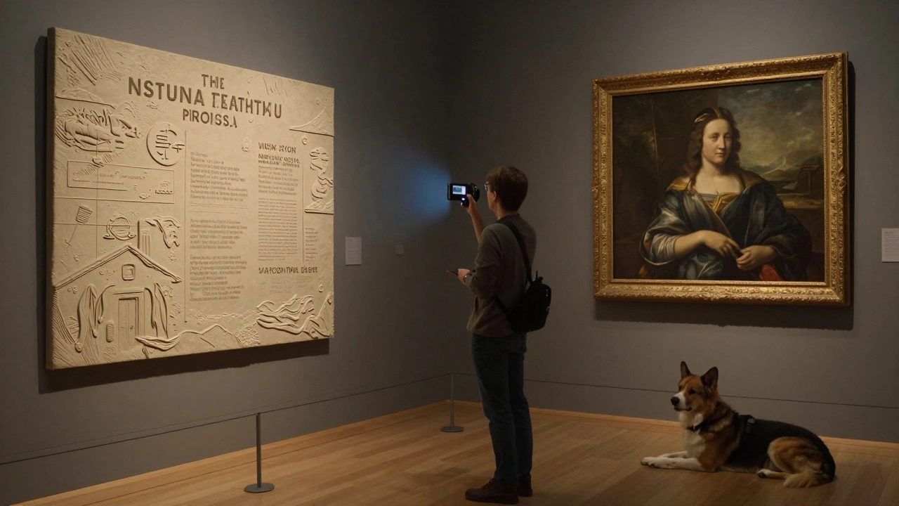 A visitor using an audio device beside a tactile artwork, with a service animal nearby in a calm, accessible museum setting.