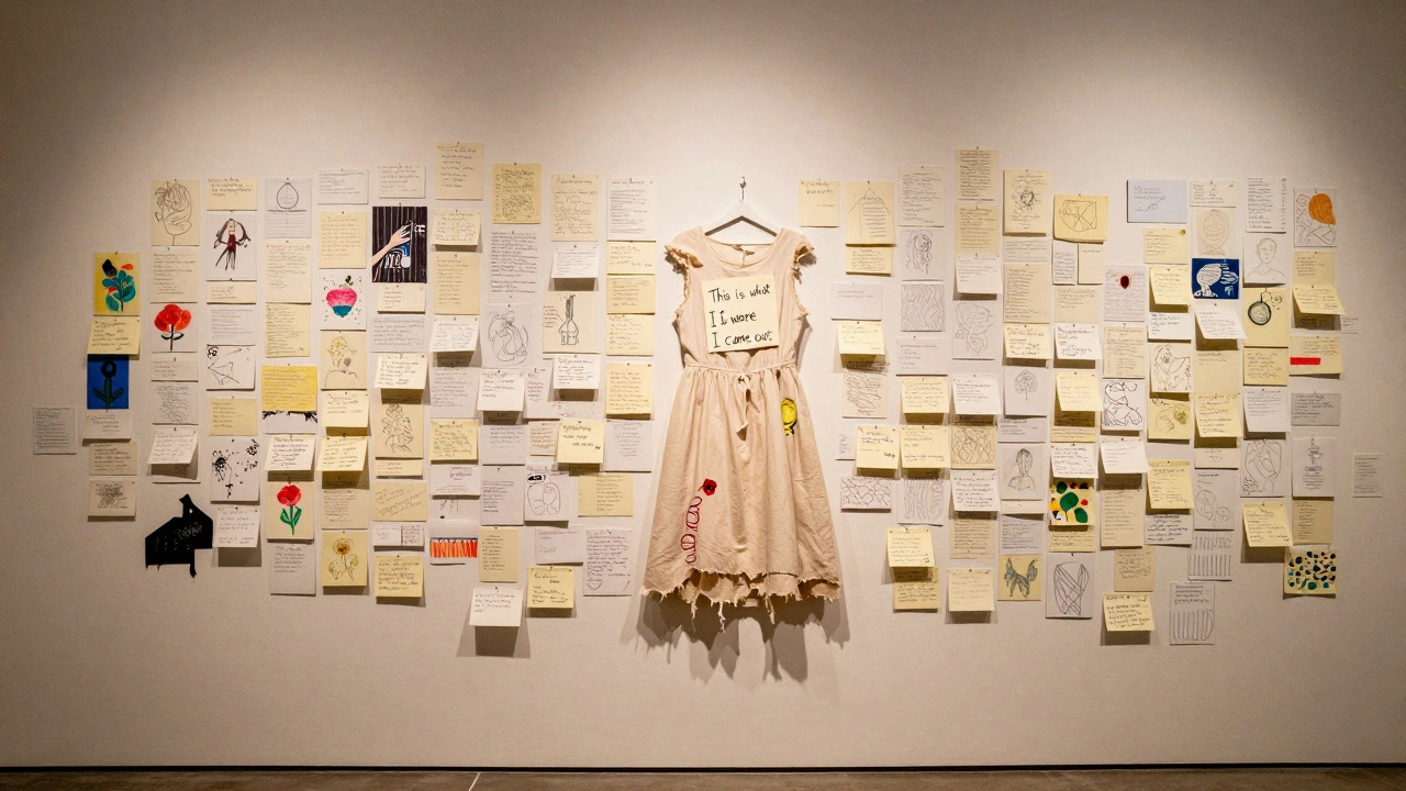 A wall covered in diverse personal artworks and notes, with a threadbare dress and handwritten message prominently displayed.
