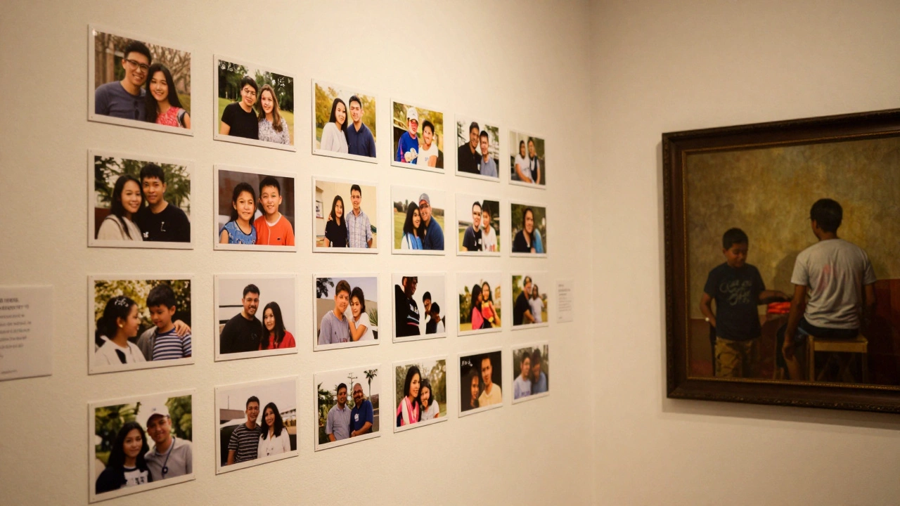 A wall of printed visitor photos with names and cities displayed beside a painting.