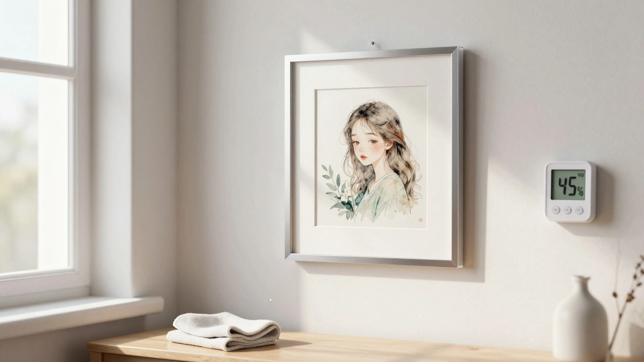 A watercolor painting displayed under UV-filtered glass, away from sunlight and heat sources.