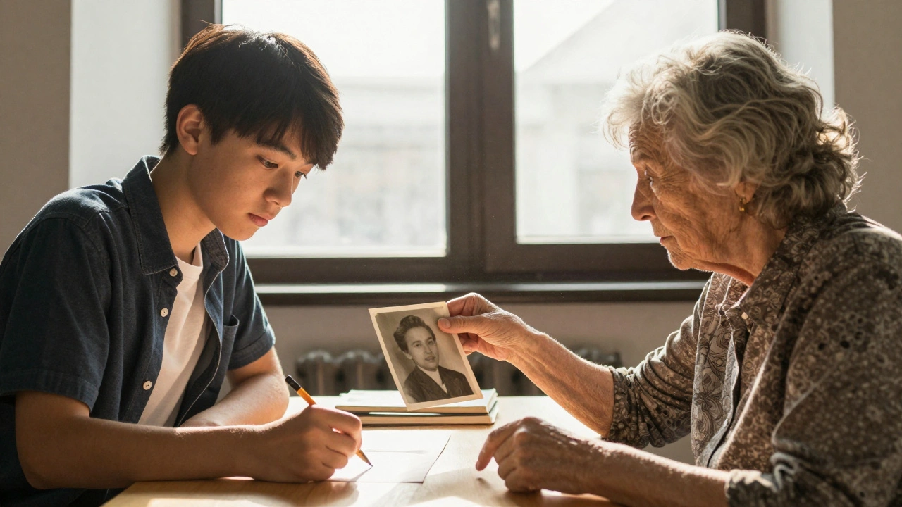 A young student and an older woman sitting together, sketching and sharing a memory near a vintage portrait.
