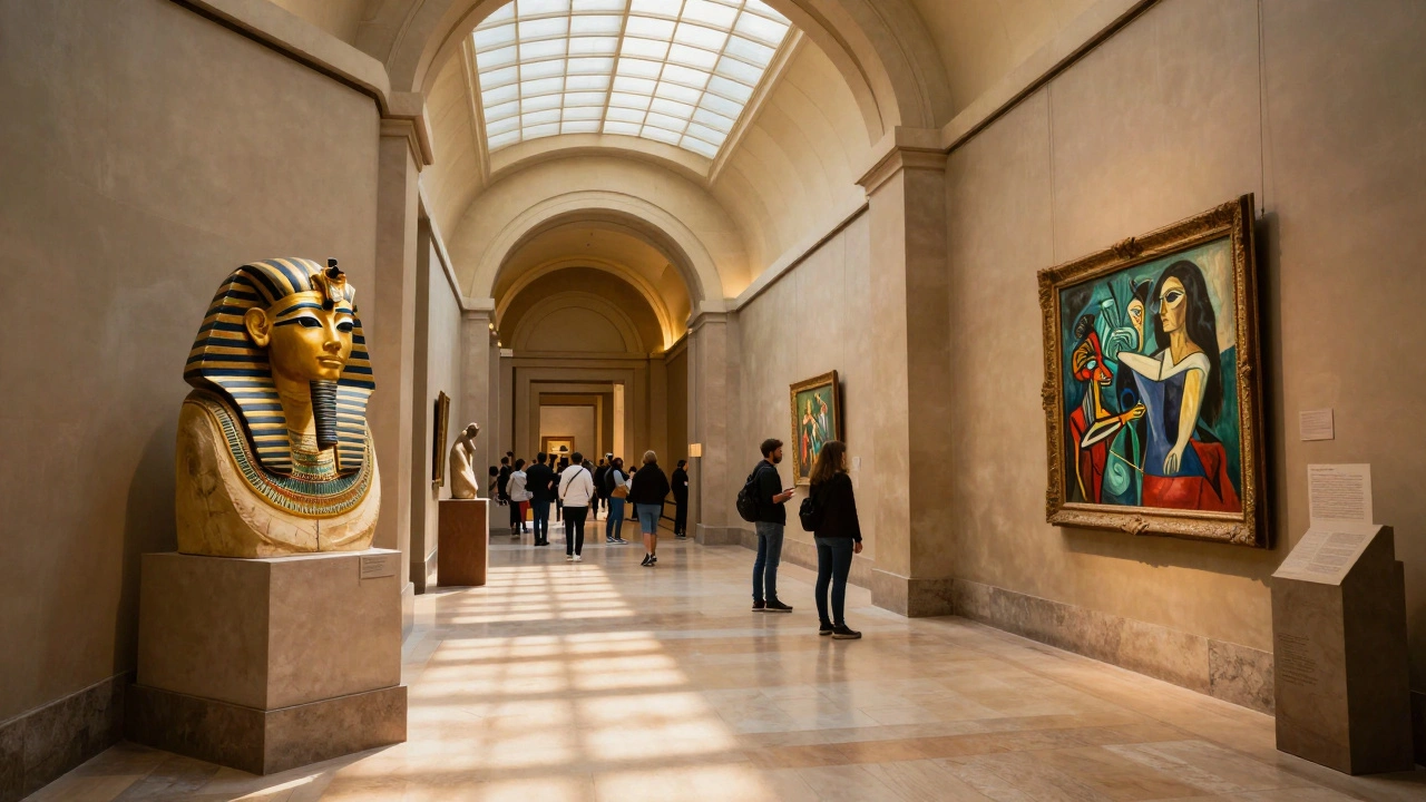 An ancient Egyptian mask and a modern Picasso painting are displayed in sequence along a sweeping curved corridor, with light filtering through a dome above.