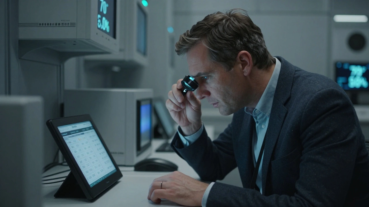 An art appraiser examining a Warhol under controlled lighting in a climate-controlled vault with digital monitors.