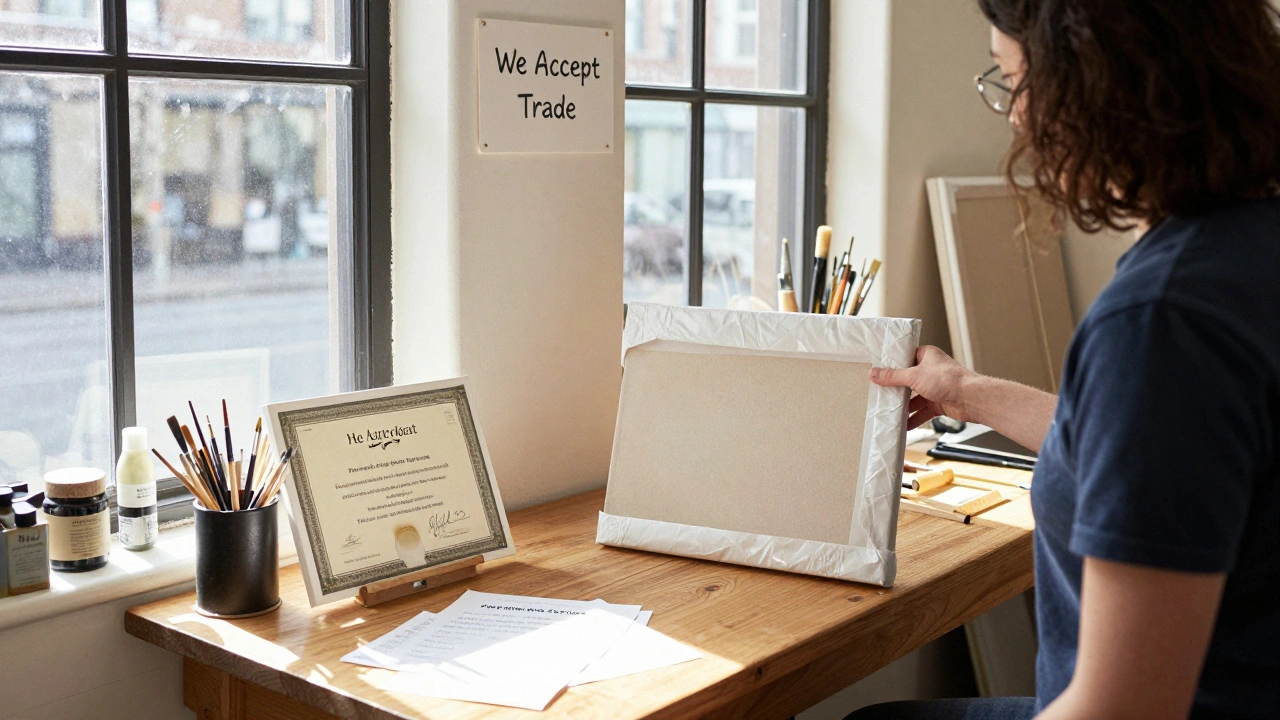 An artist handing a painted canvas to a client in exchange for web design services, with certificate of authenticity on table.