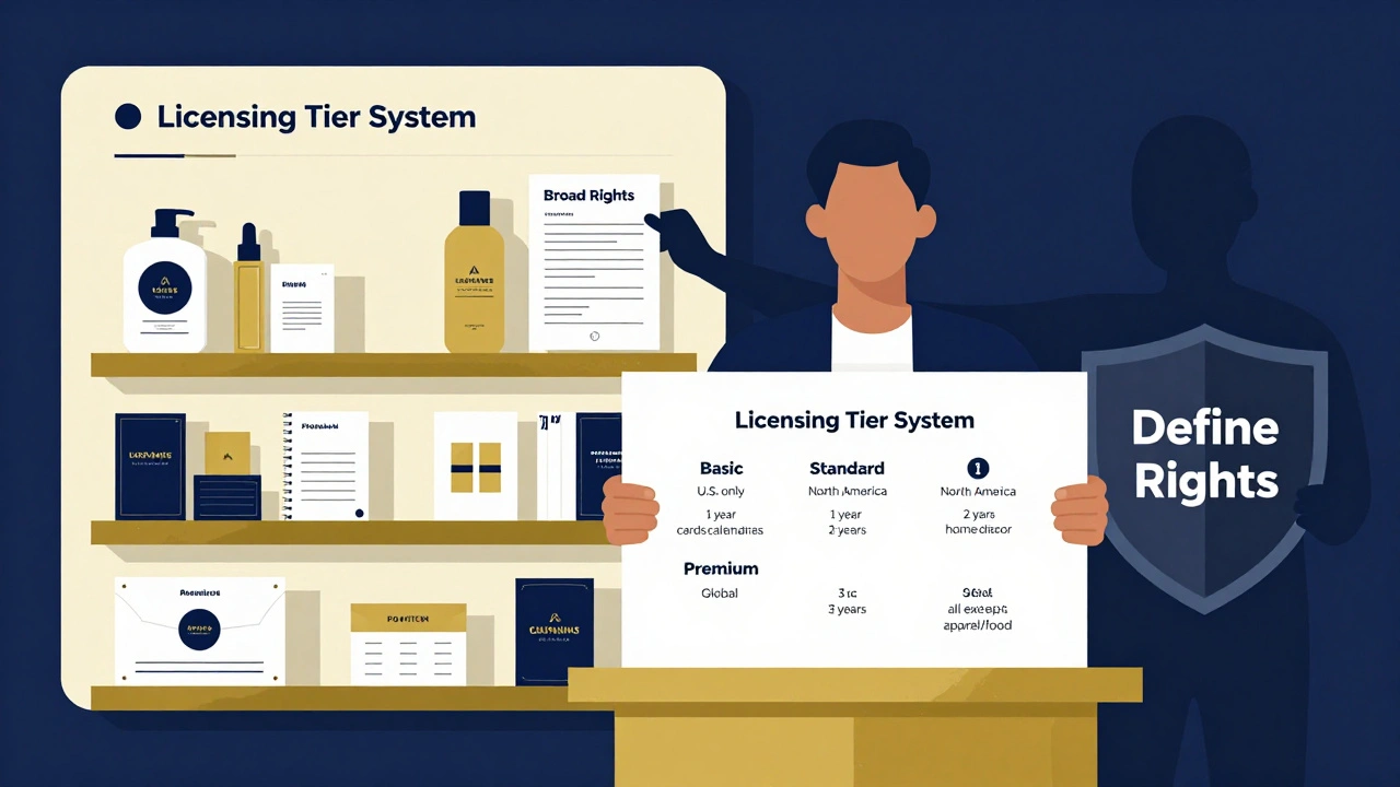 An artist presenting three licensing tiers with clearly defined territory, duration, and product categories.