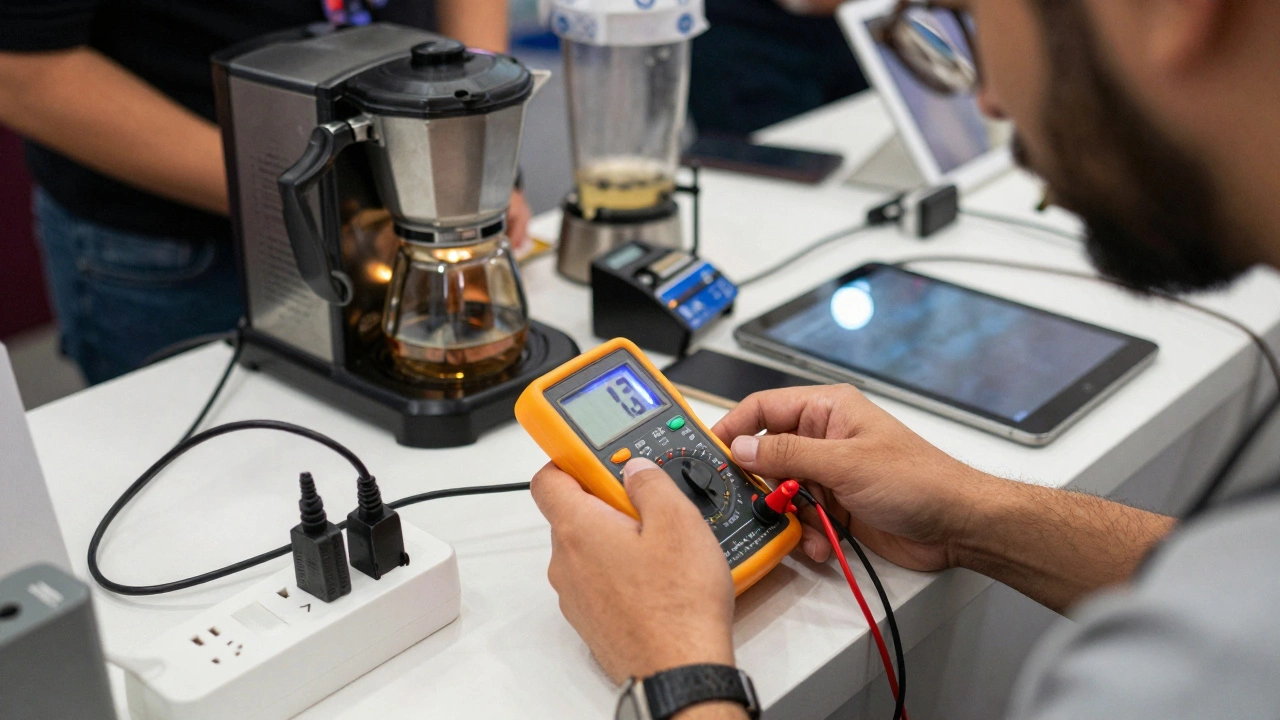 An artist testing voltage with a multimeter at an art fair outlet, surrounded by powered devices and a flickering coffee maker.