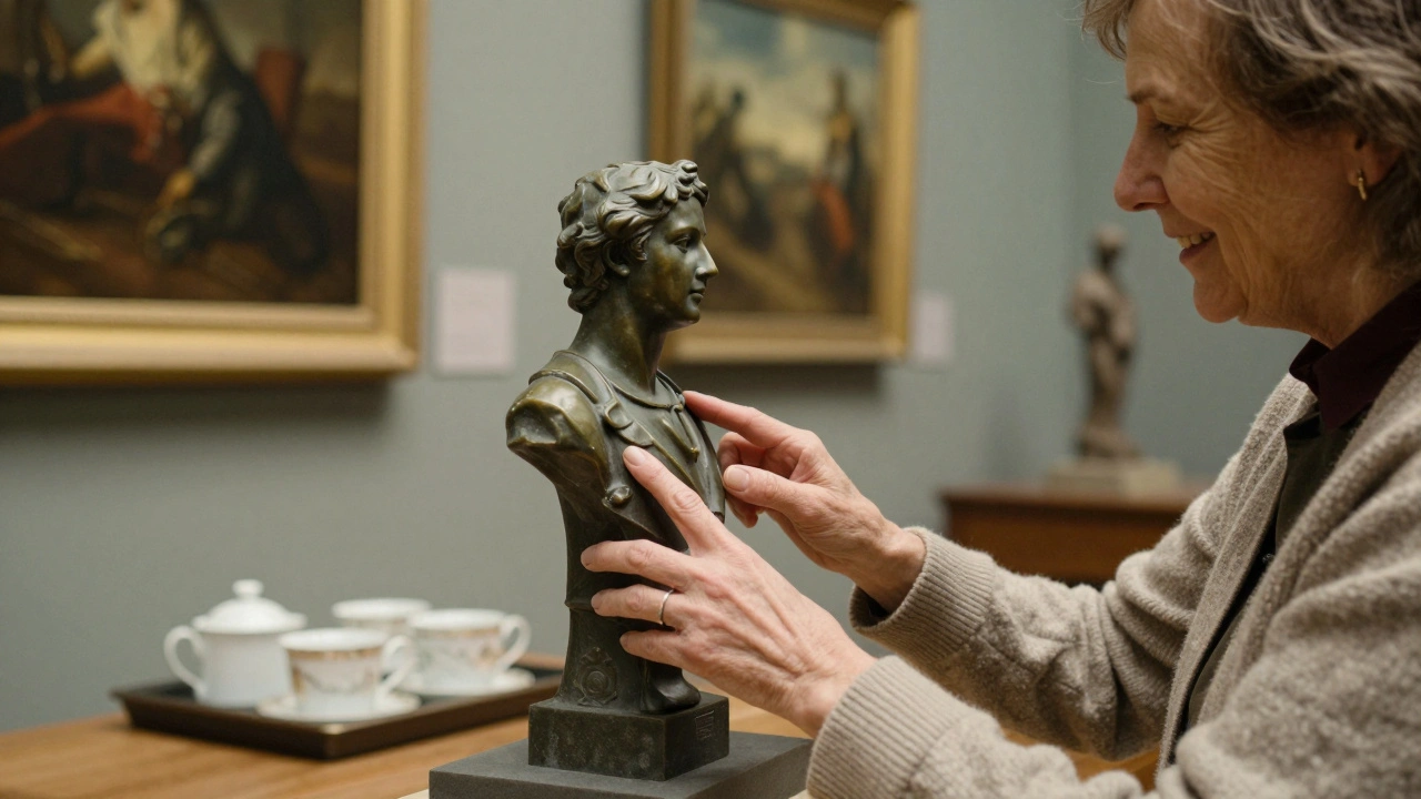 An elderly woman touching a foam sculpture replica while a museum educator watches warmly.
