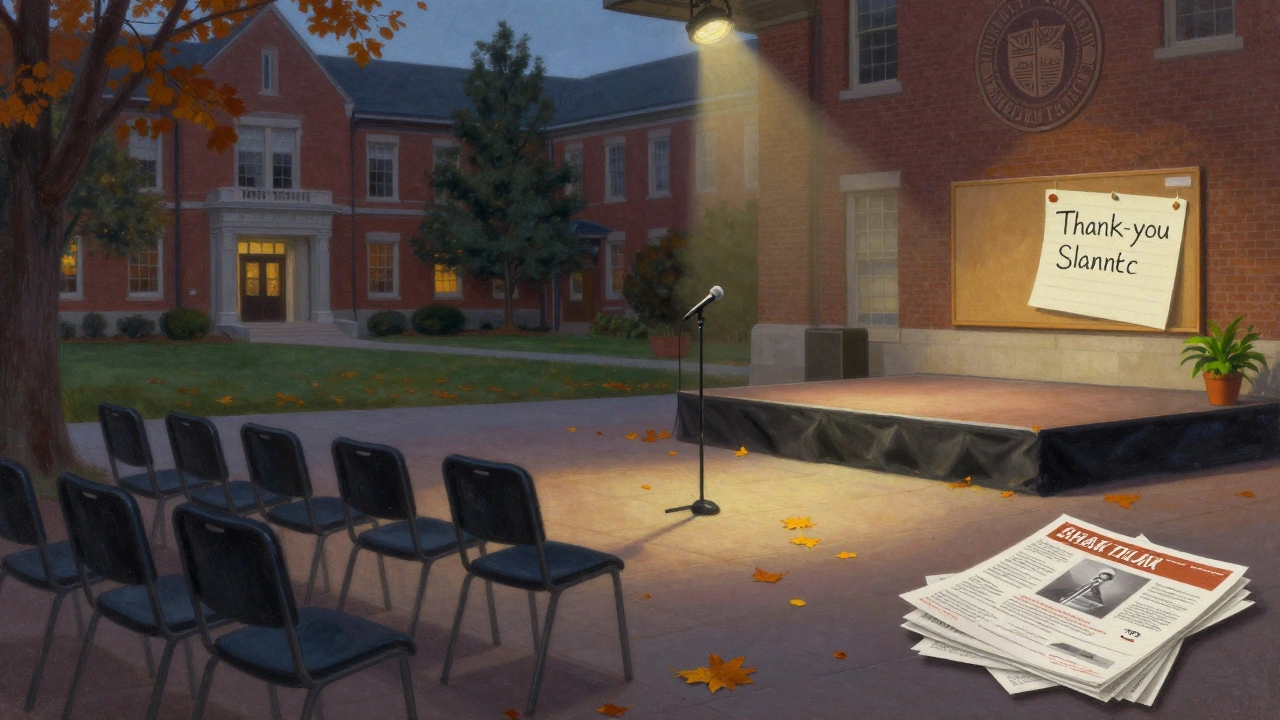 An empty university courtyard after a poetry slam, with a spotlight on stage and autumn leaves drifting nearby.