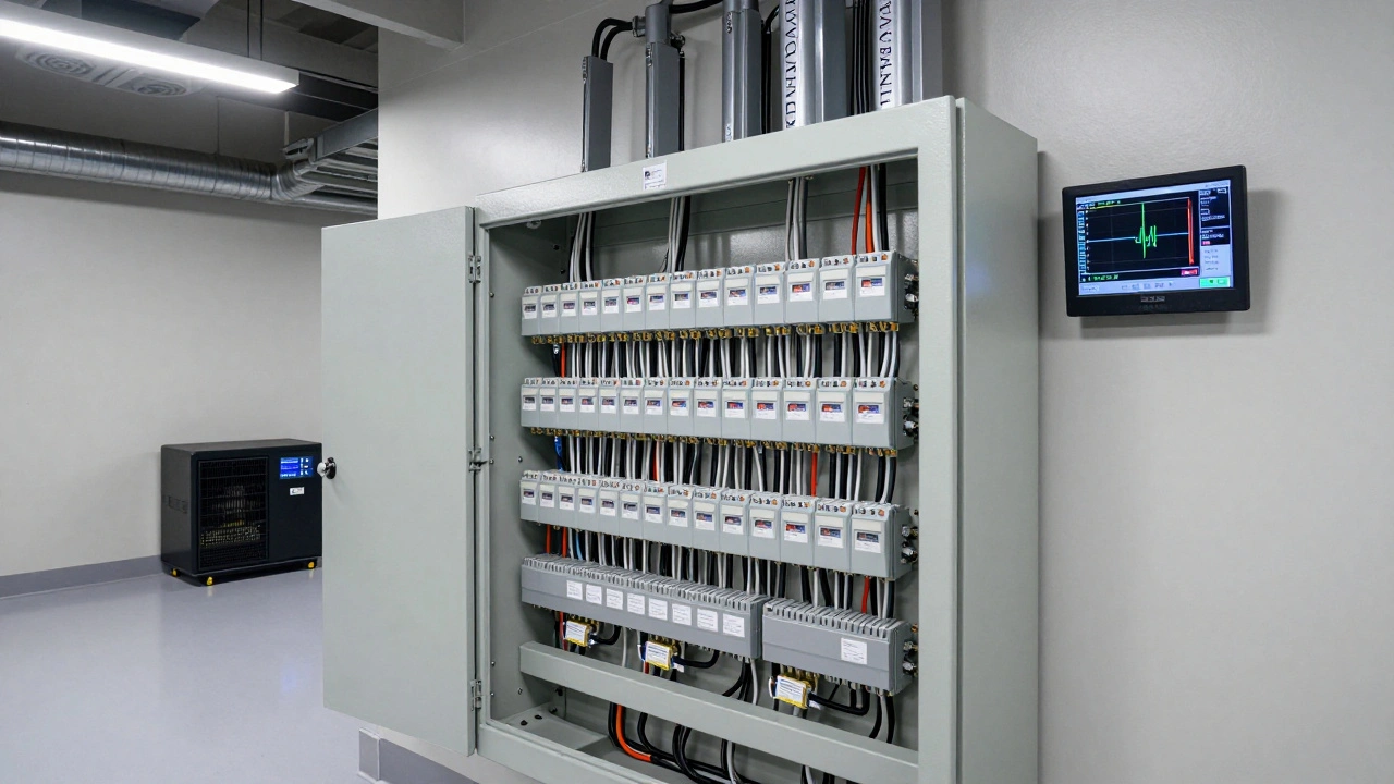 An industrial electrical panel with labeled circuits, UPS systems, and backup generator connections in a gallery basement.