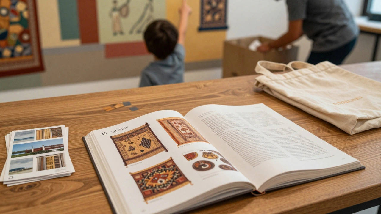 An open museum catalog and postcards on a wooden table, next to a cloth bag, with a child pointing at an exhibit in the background.