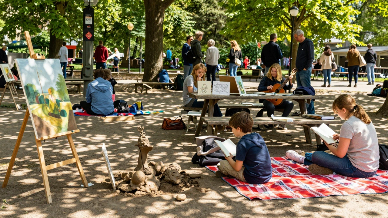 Artists display paintings in a park as people browse, barter, and interact with the artwork.
