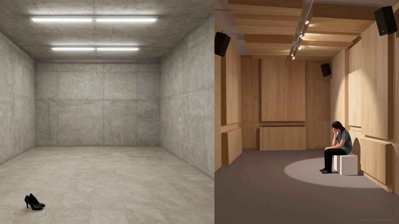 Before-and-after: noisy gallery transformed into a peaceful space with acoustic design.