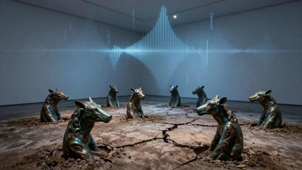 Bronze animal-headed figures rise from cracked earth in a silent, dimly lit space, surrounded by faint glowing whispering sounds.