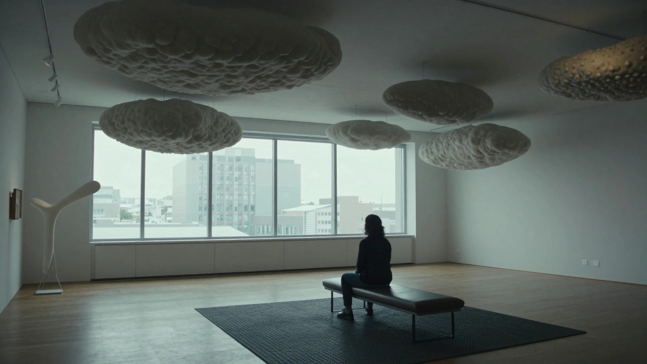 Ceiling acoustic baffles and double-glazed windows in a modern gallery, reducing outside noise.