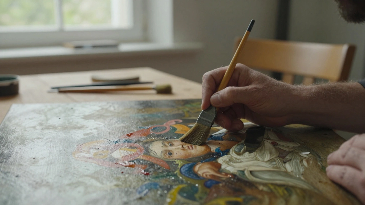 Close-up of a conservator's hands carefully cleaning an old oil painting with a fine brush