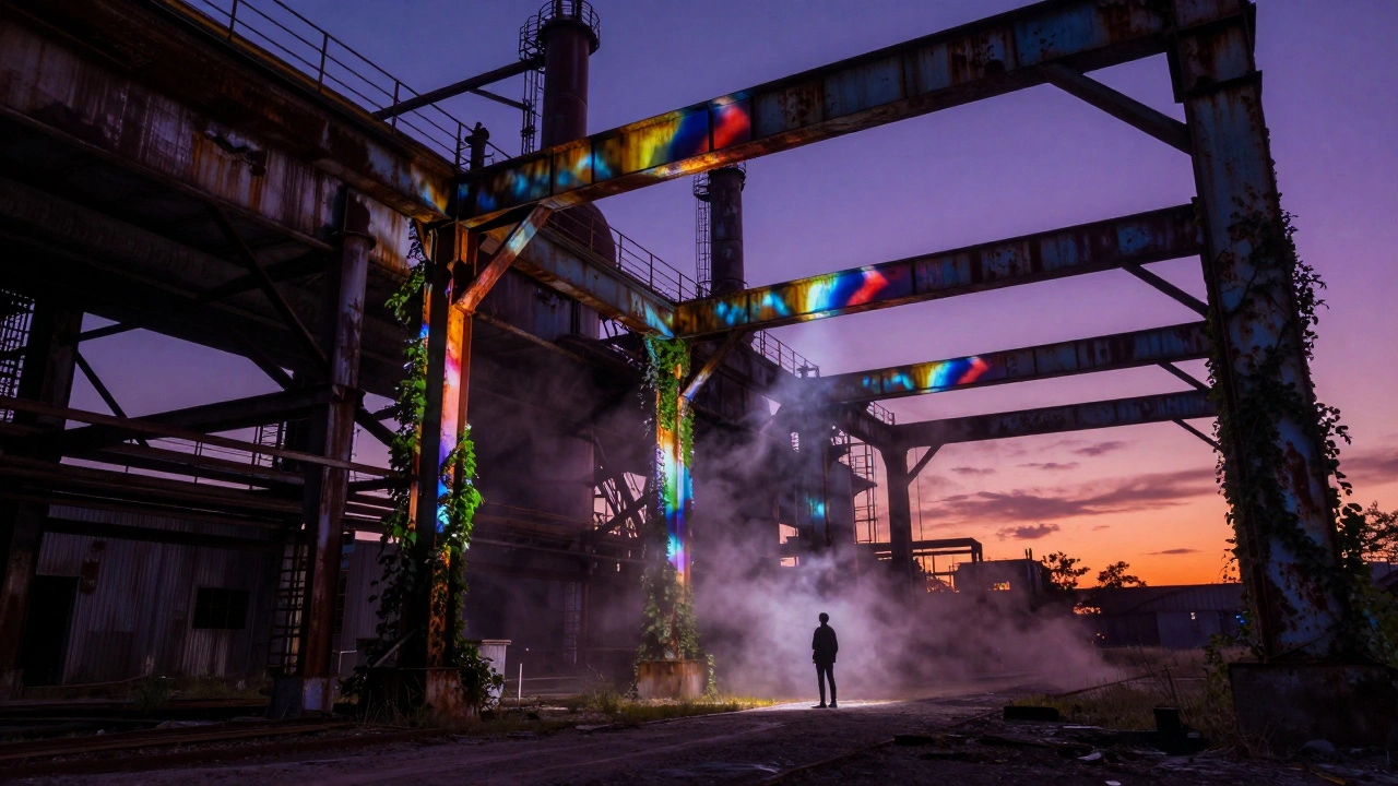 Colored light projections illuminate rusted factory beams at twilight, with a lone viewer below.