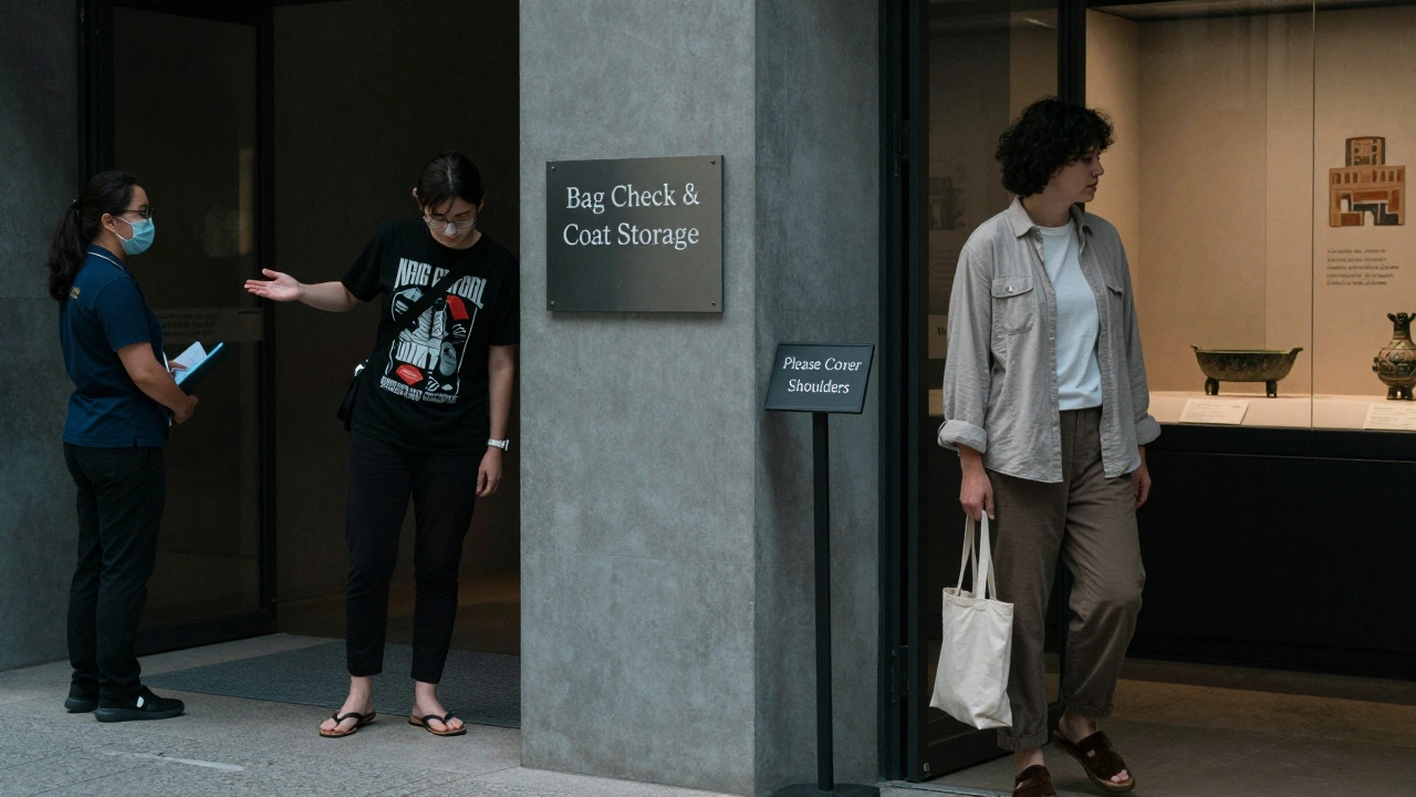 Contrast between inappropriate attire being redirected and respectful dress entering a sacred exhibit area.