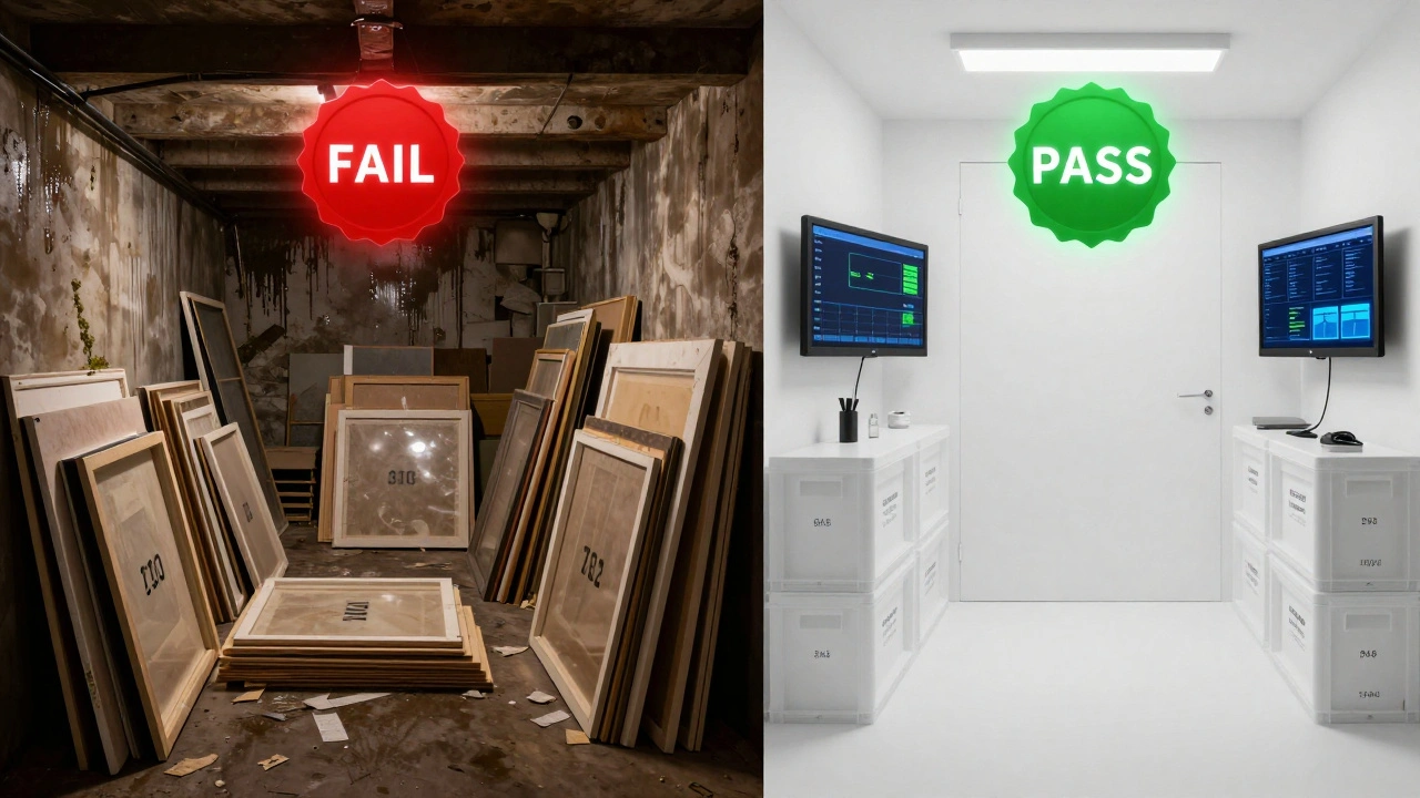 Contrasting images of chaotic basement storage versus a climate-controlled art vault with digital monitoring and labeled crates.