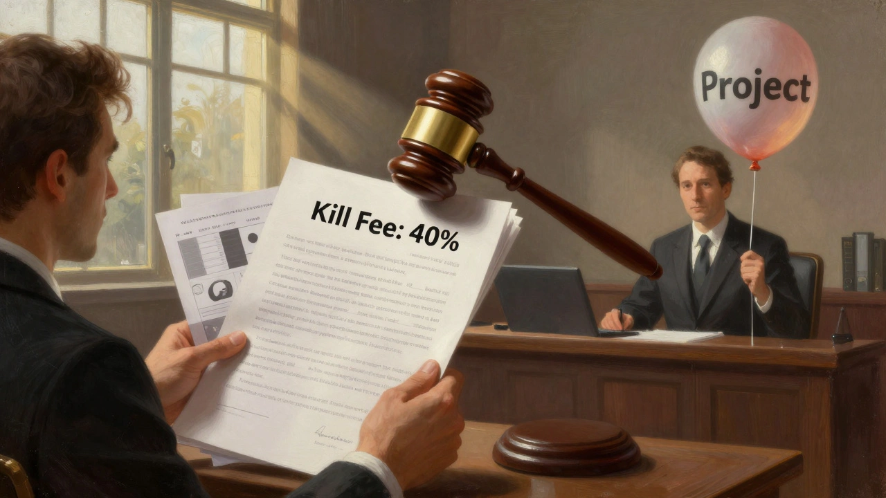 Courtroom scene with a judge’s gavel above a kill fee clause, creative and corporate parties on opposite sides.