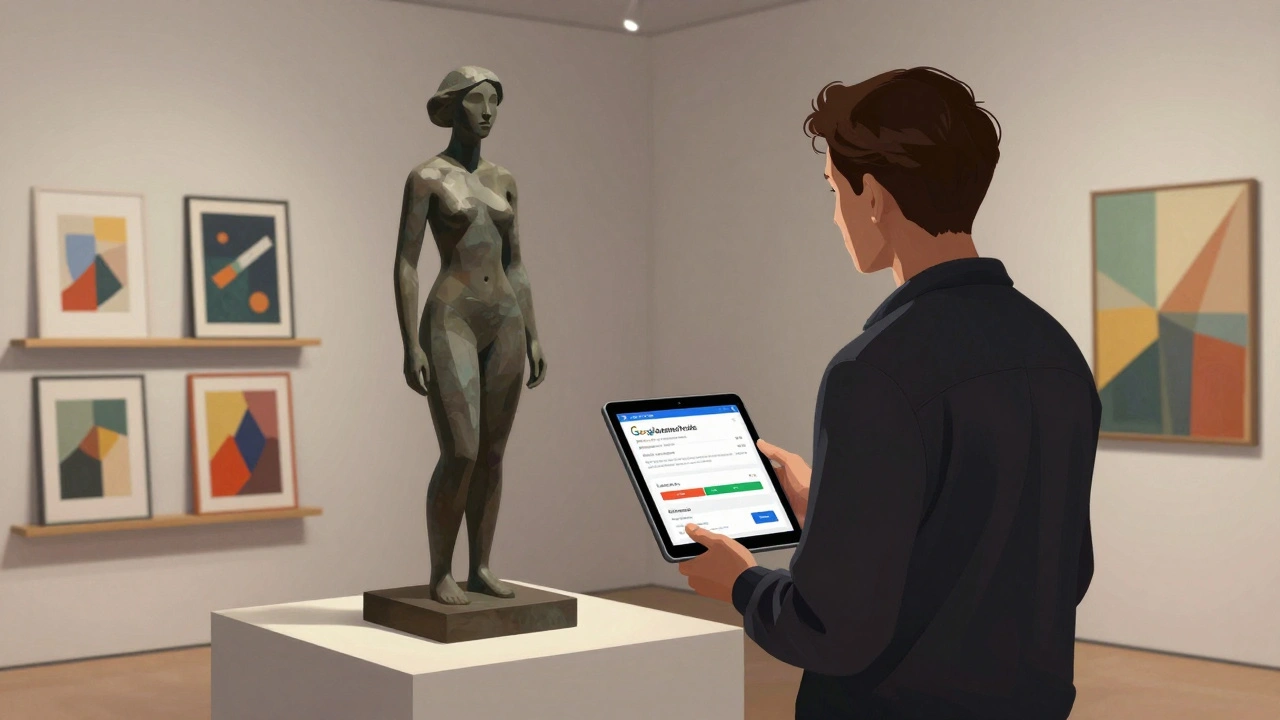 Curator beside contemporary sculpture, viewing Google Business Profile metrics on a tablet.
