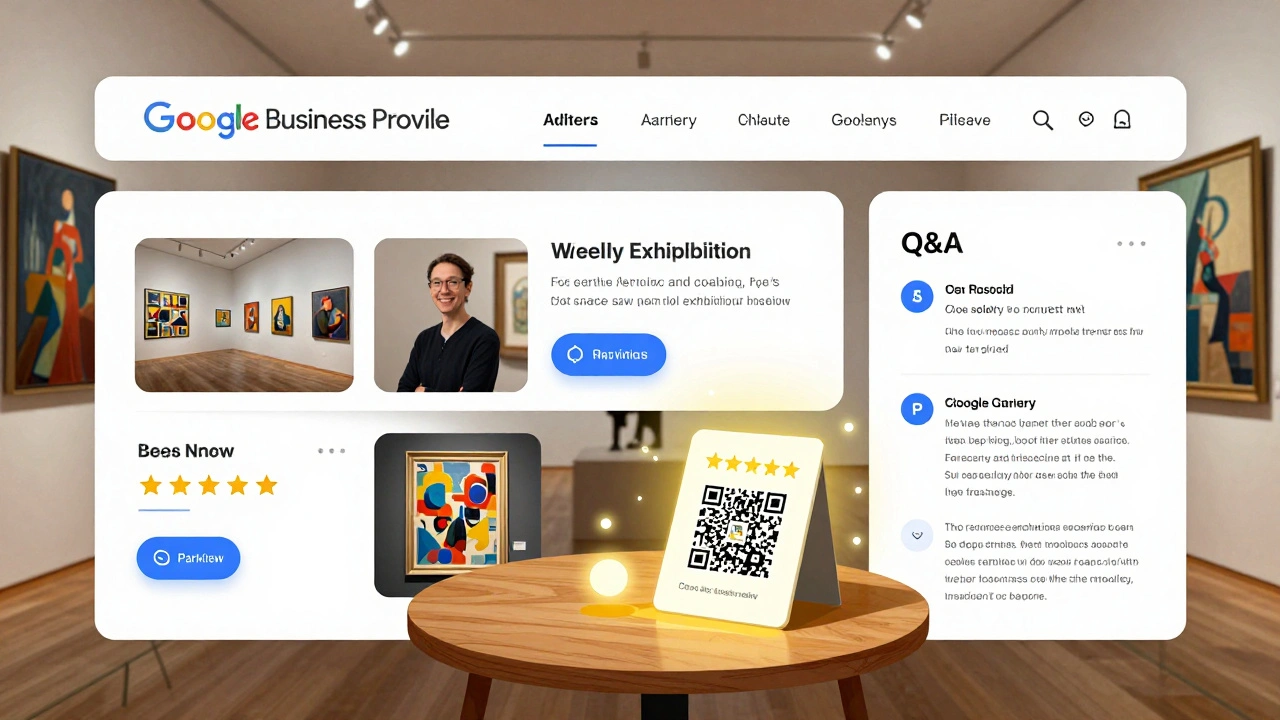 Digital dashboard overlay showing active Google Business Profile elements like photos, reviews, and posts within a quiet art gallery interior.