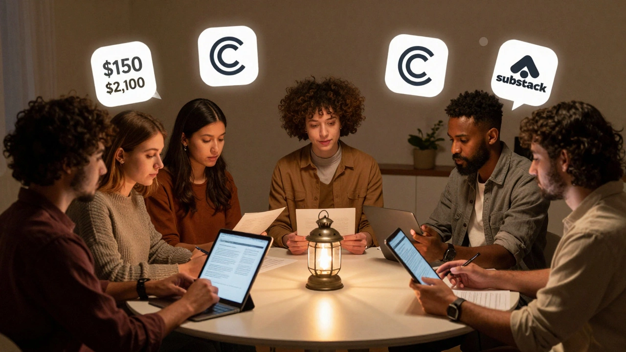Diverse freelance art critics gathered around a table with icons representing payments, rights, and publishing platforms.