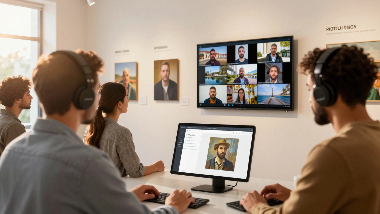 Diverse users interact with an accessible online art gallery, listening to audio descriptions, using screen readers, and navigating with keyboards.