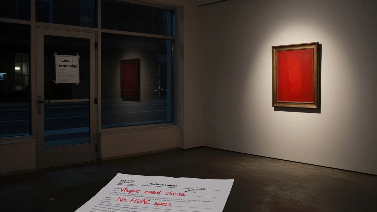 Empty gallery at night with a 'Lease Terminated' notice and scattered annotated lease documents.