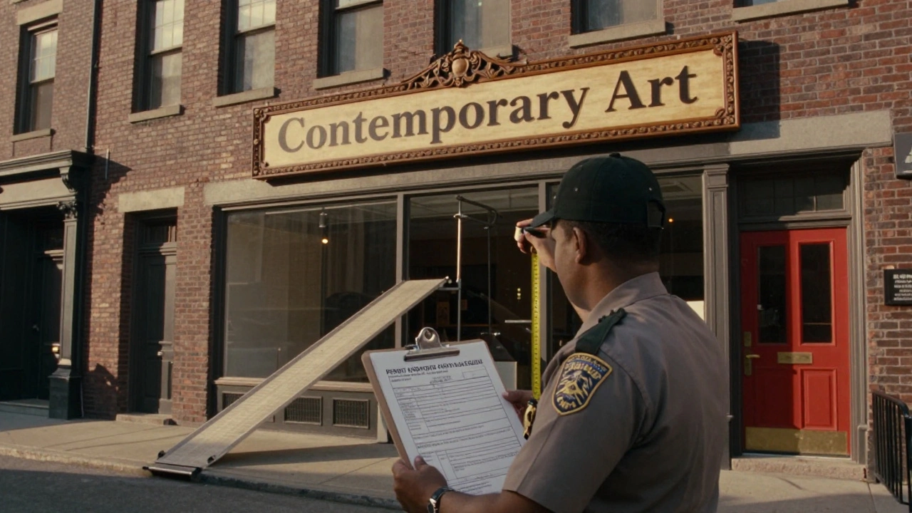 Exterior of a historic art gallery with an inspector measuring a sign and an ADA ramp under construction.