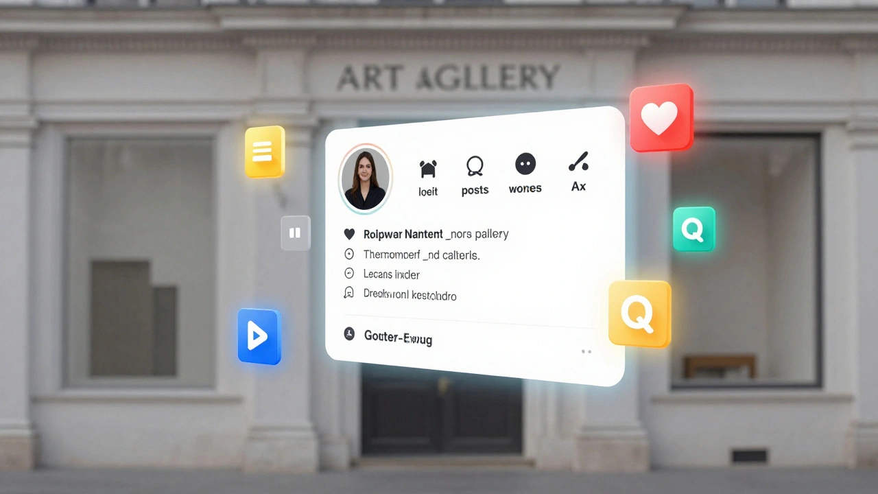 Faded gallery building beside a glowing, optimized digital profile with icons representing photos, posts, and reviews floating in the air.