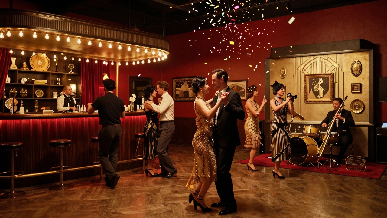 Guests in 1920s costumes dance near a speakeasy bar at a museum event surrounded by Art Deco artifacts.