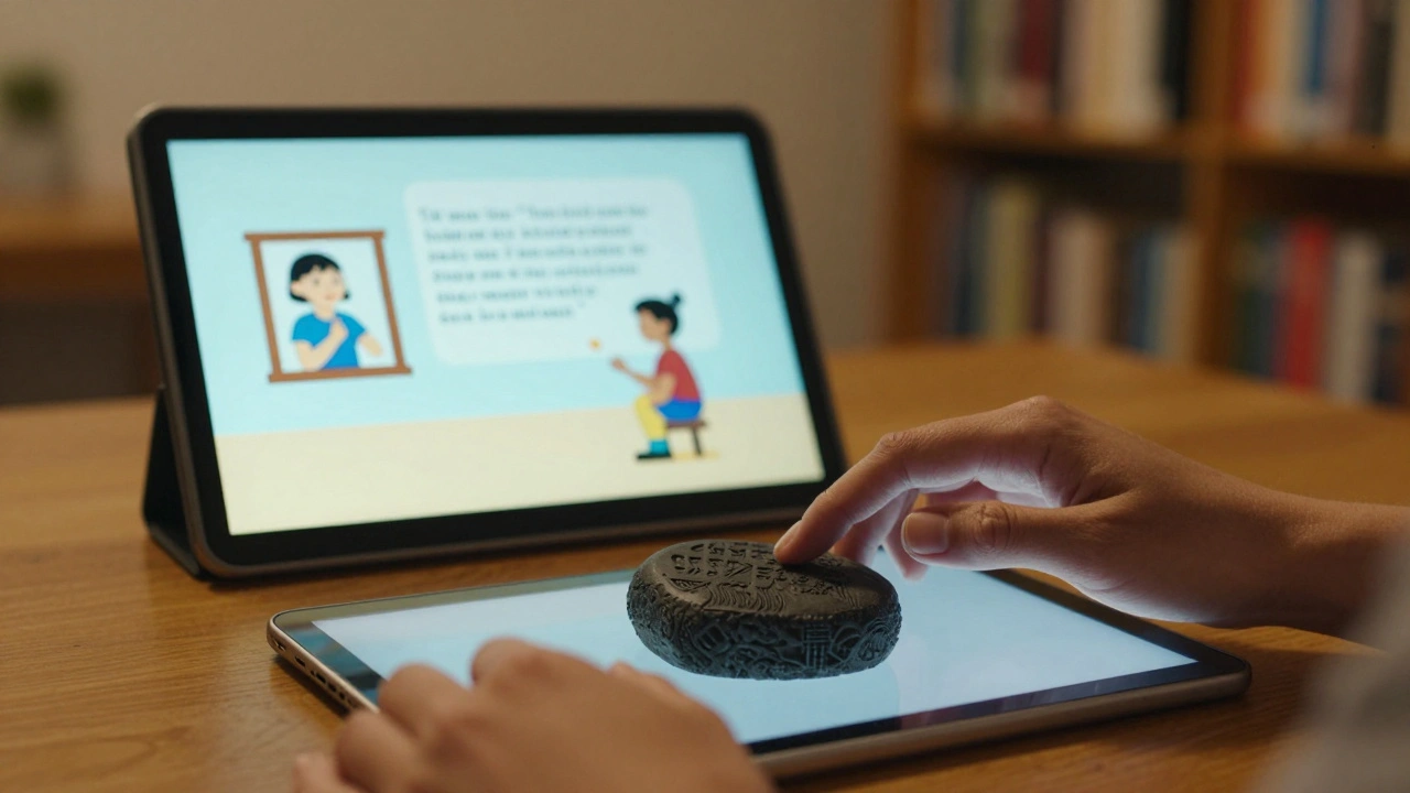 Hands exploring a tactile 3D model of the Rosetta Stone with a sign language interpreter visible in the corner.
