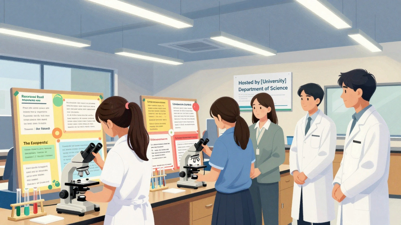 High school students presenting science projects in a university lab with faculty observing nearby.