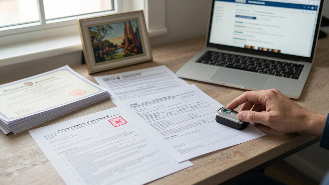 Home office desk covered in legal documents for gallery licensing, an EIN confirmation, and a fingerprint scanner.