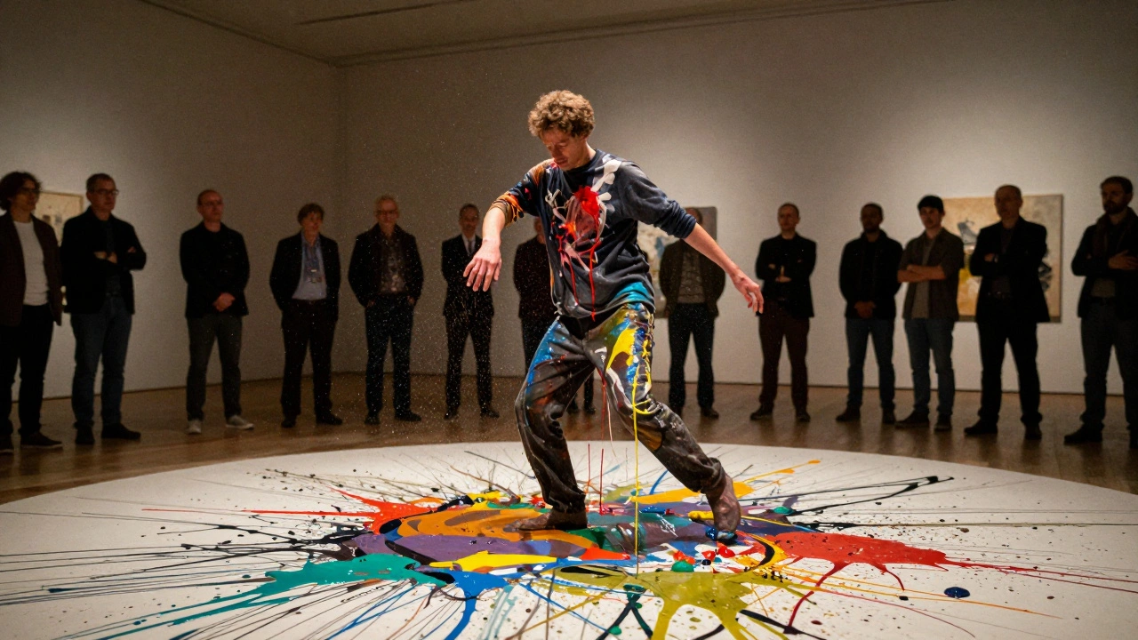 Jackson Pollock in motion, paint flying from his body as he creates an action painting on a large canvas.