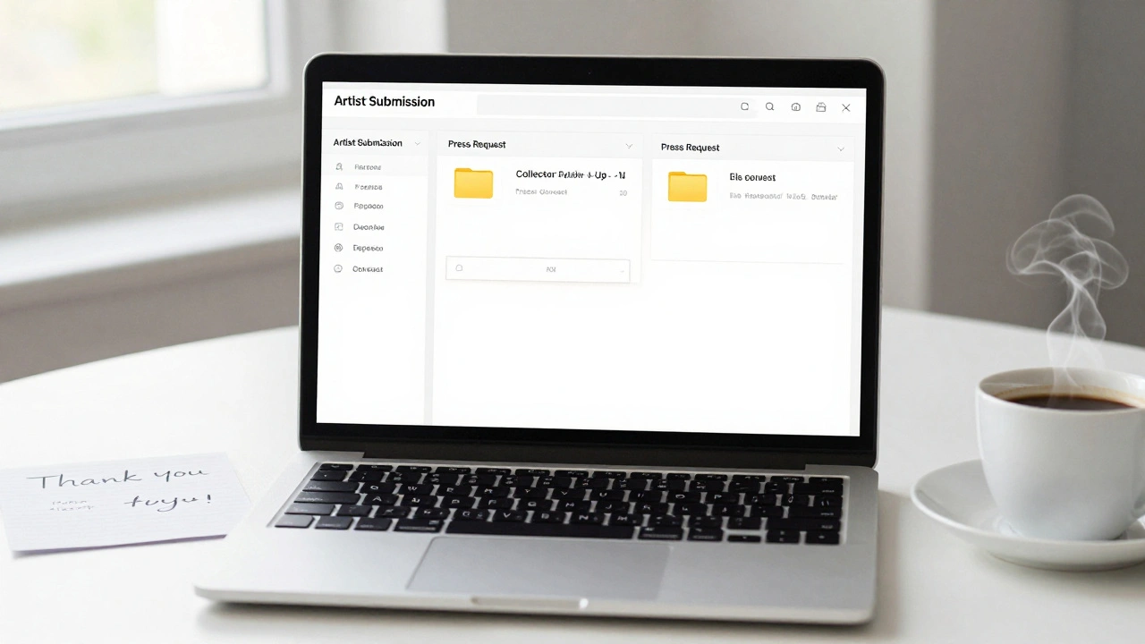 Laptop showing organized email labels and templates, with a handwritten thank-you note beside it.