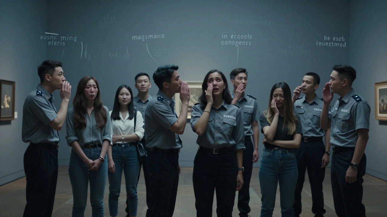 Museum guards whispering back phrases spoken by visitors, with visitors standing silently in a dim gallery filled with sound waves.