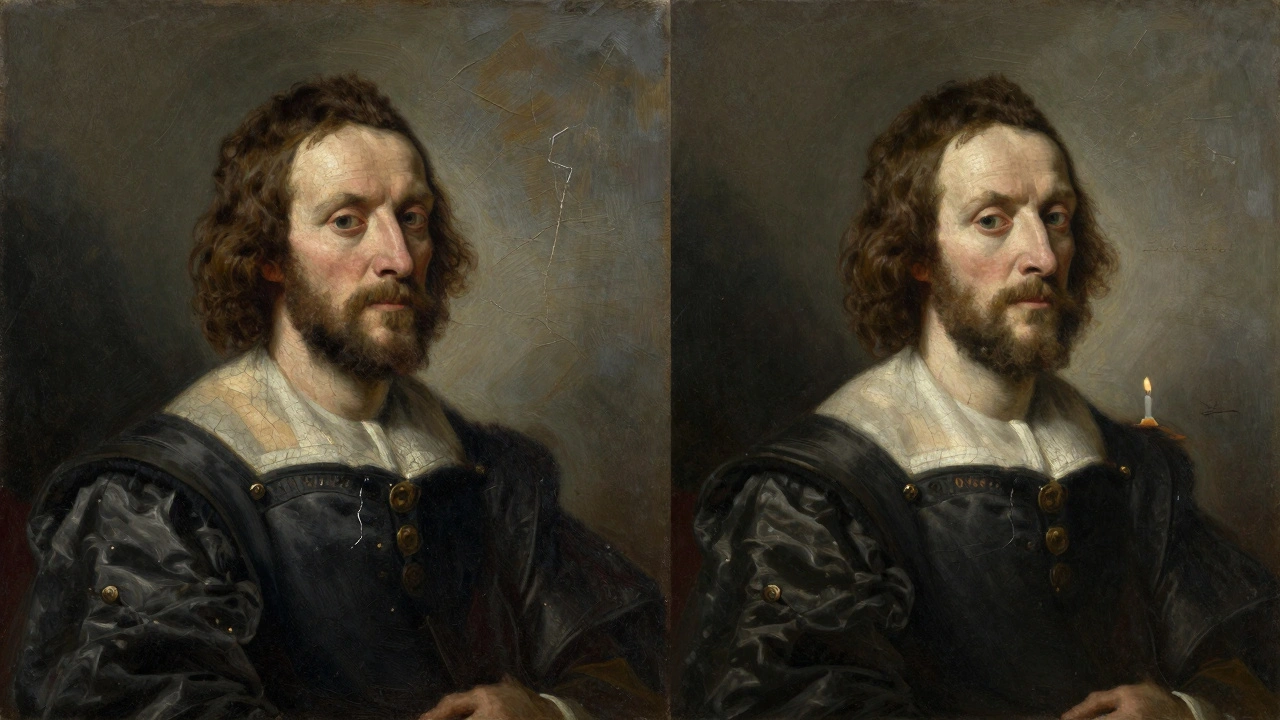 Side-by-side comparison of authentic Rembrandt brushwork and a forger's overly perfect copy.