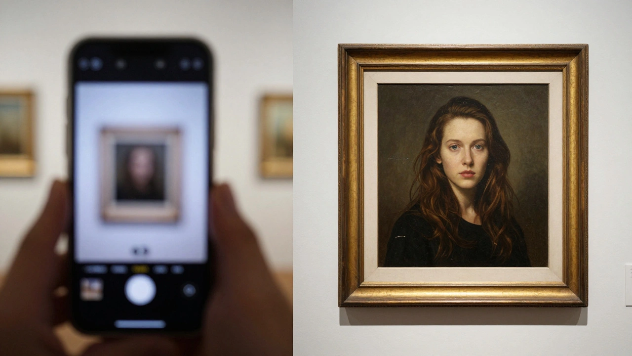 Side-by-side comparison: poor smartphone photo vs. high-quality professional art photograph of the same painting.