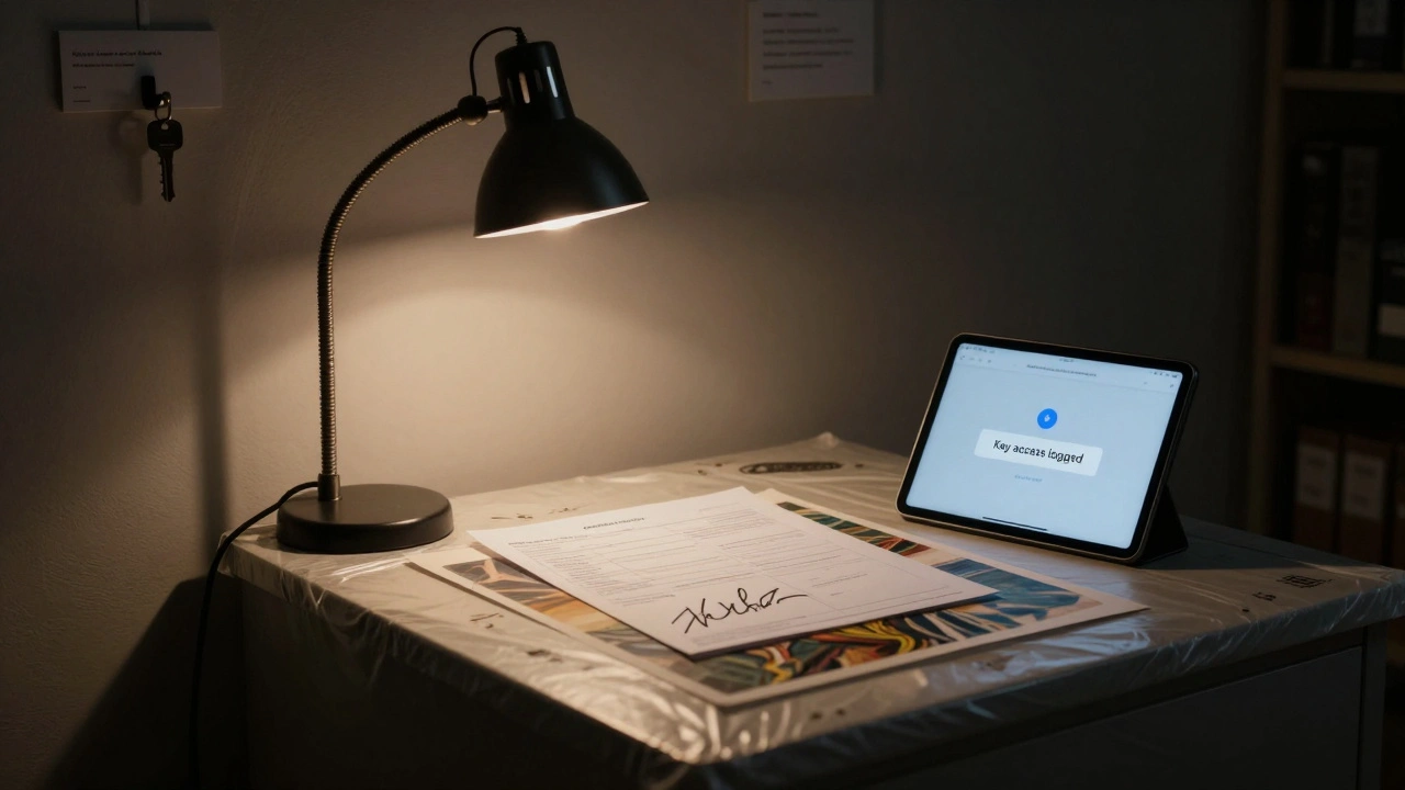 Signed condition report placed on wrapped artwork in gallery storage, digital log visible on tablet.