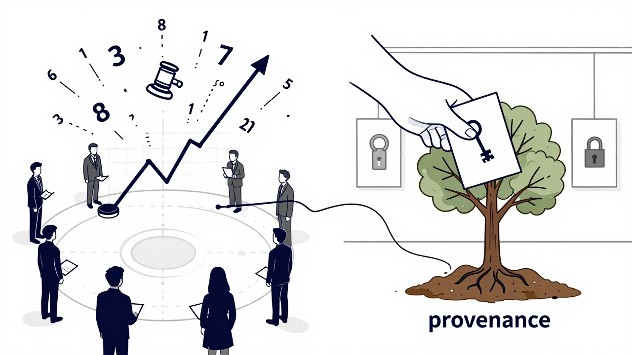 Split image: chaotic auction on one side, serene gallery with artist's letter on the other.