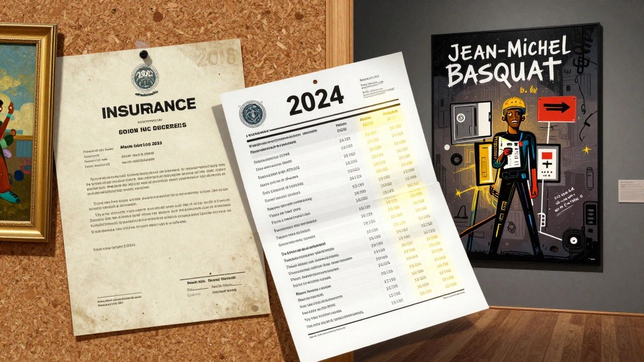 Split image: outdated insurance certificate beside a painting on one side, new appraisal and Basquiat exhibit poster on the other.