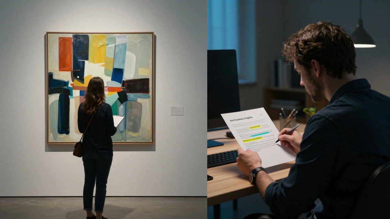 Split scene: a critic in a gallery and the same person reviewing a contract at home, highlighting legal and creative duality.