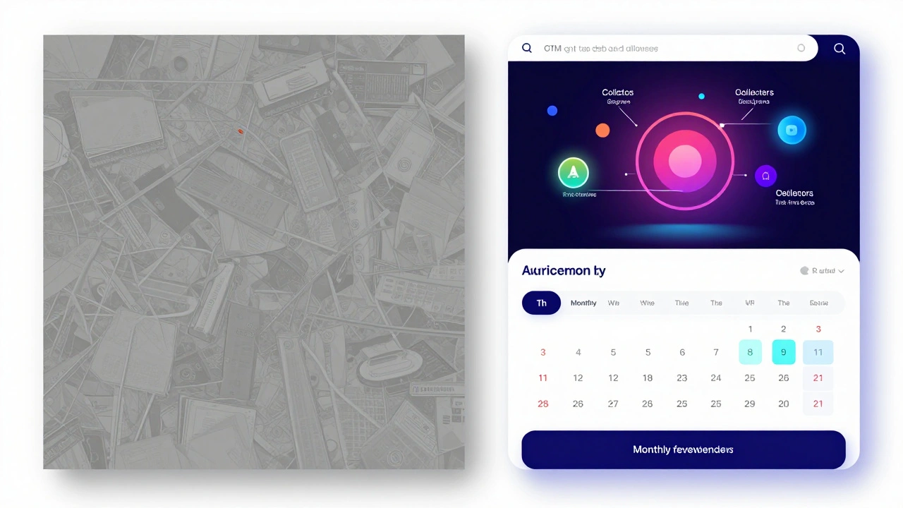 Split-screen comparison: static online gallery versus data-driven gallery with audience segments and monthly review calendar.