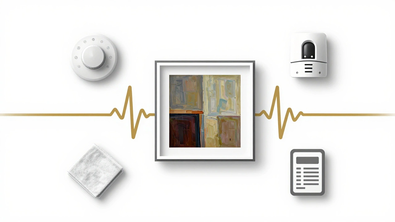 Symbolic heartbeat of a gallery represented by checklist elements pulsing around a painting, minimalist gold-on-black style.